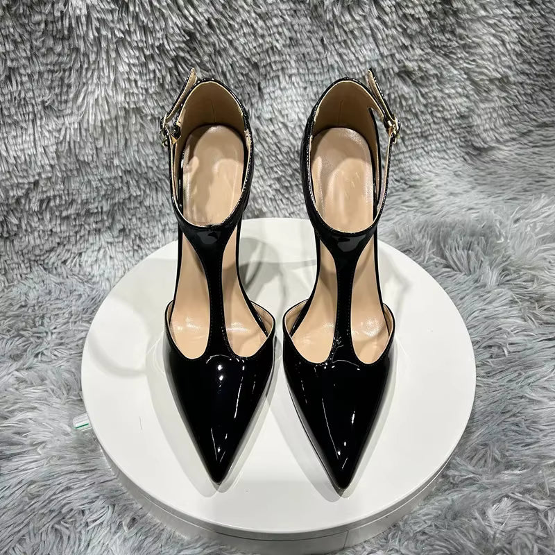Luxury Solid T-Strap SLIP-ON Pointy Toe Stiletto Pumps High Heel