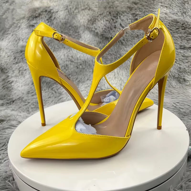 Luxury Solid T-Strap SLIP-ON Pointy Toe Stiletto Pumps High Heel