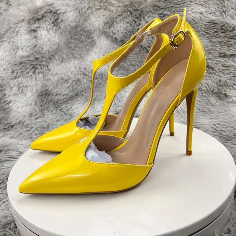 Luxury Solid T-Strap SLIP-ON Pointy Toe Stiletto Pumps High Heel