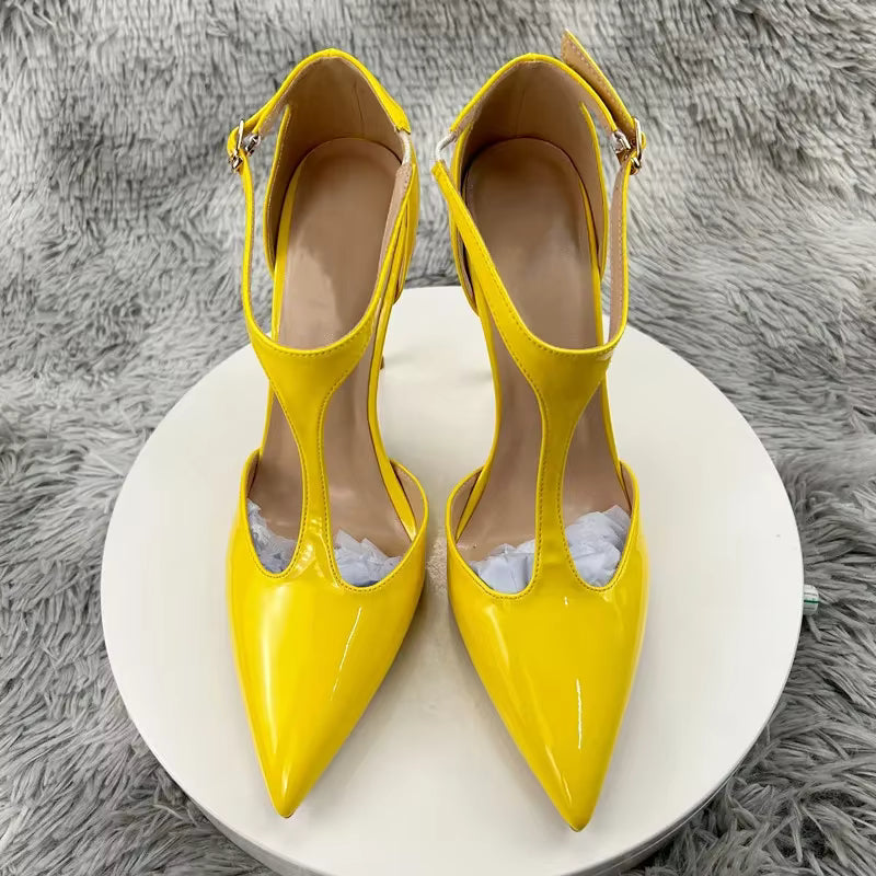 Luxury Solid T-Strap SLIP-ON Pointy Toe Stiletto Pumps High Heel