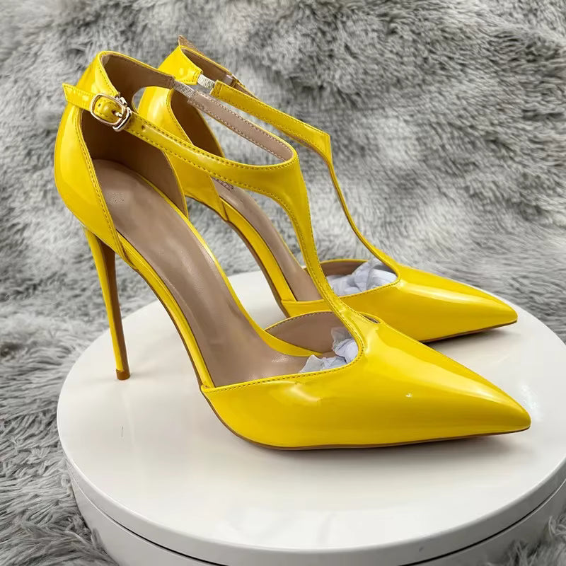 Luxury Solid T-Strap SLIP-ON Pointy Toe Stiletto Pumps High Heel