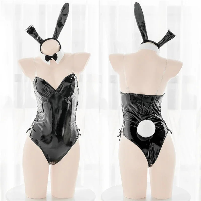 Mai Sakurajima Bunny Girl Cosplay Costume Lingerie PU Leather Bodysuit with Tie and Headband Set Anime Outfit