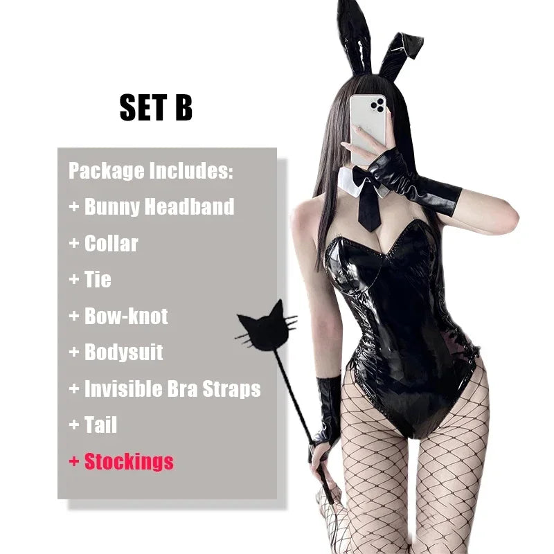 Mai Sakurajima Bunny Girl Cosplay Costume Lingerie PU Leather Bodysuit with Tie and Headband Set Anime Outfit