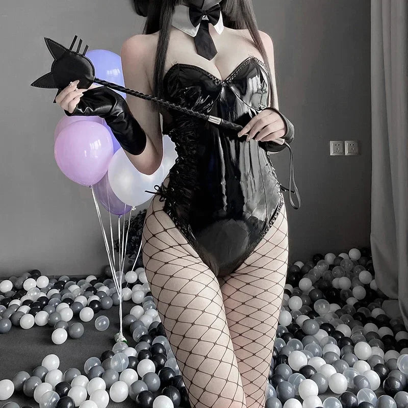 Mai Sakurajima Bunny Girl Cosplay Costume Lingerie PU Leather Bodysuit with Tie and Headband Set Anime Outfit