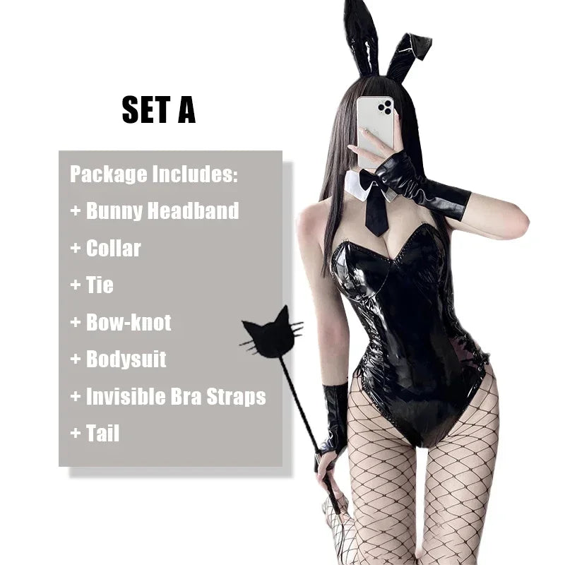 Mai Sakurajima Bunny Girl Cosplay Costume Lingerie PU Leather Bodysuit with Tie and Headband Set Anime Outfit