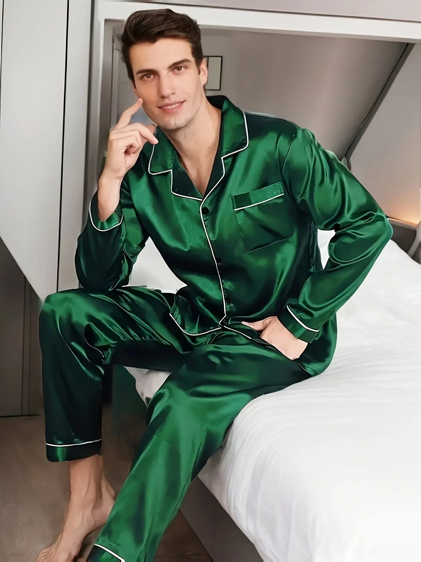 Men Sleepwear Ice Silk Satin Pajamas Set Long Sleeve Shirt Tops and Long Pants Male Home Night Wear Plus Size 3XL Loungewear