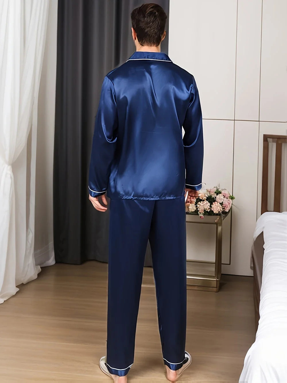 Men Sleepwear Ice Silk Satin Pajamas Set Long Sleeve Shirt Tops and Long Pants Male Home Night Wear Plus Size 3XL Loungewear