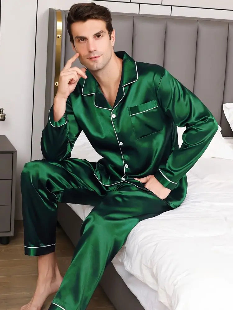 Men Sleepwear Ice Silk Satin Pajamas Set Long Sleeve Shirt Tops and Long Pants Male Home Night Wear Plus Size 3XL Loungewear