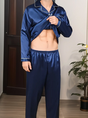Men Sleepwear Ice Silk Satin Pajamas Set Long Sleeve Shirt Tops and Long Pants Male Home Night Wear Plus Size 3XL Loungewear