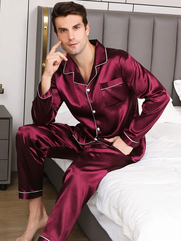 Men Sleepwear Ice Silk Satin Pajamas Set Long Sleeve Shirt Tops and Long Pants Male Home Night Wear Plus Size 3XL Loungewear