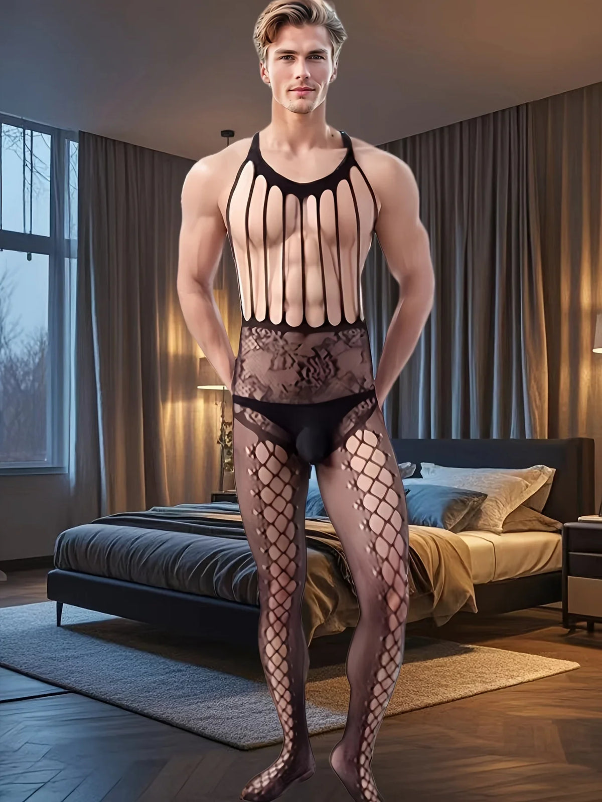 Men's Elastic Large Size One-Piece Sleepwear with Open-Crotch