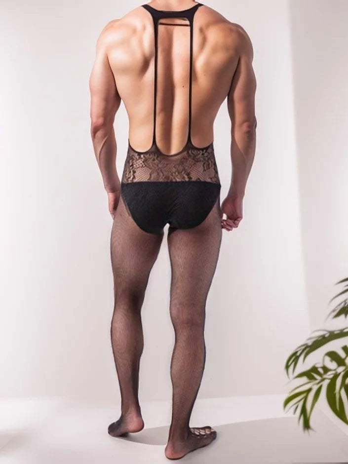 Men's Elastic Large Size One-Piece Sleepwear with Open-Crotch