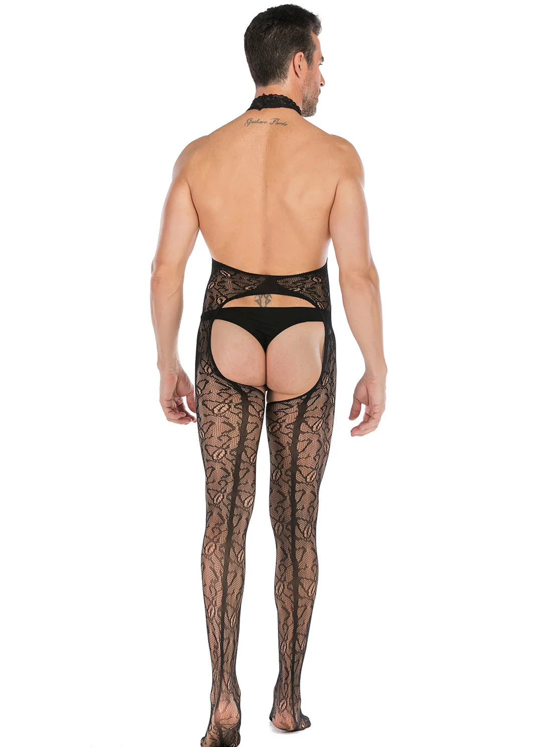 Men's Lace See-through Embroidered Net Stockings with Halter Edge Muscle Sleepwear Back Exposure Full Body Suit