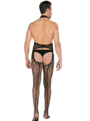Men's Lace See-through Embroidered Net Stockings with Halter Edge Muscle Sleepwear Back Exposure Full Body Suit