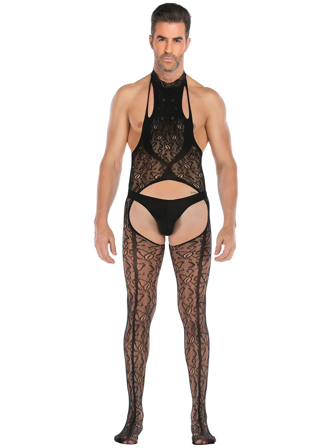 Men's Lace See-through Embroidered Net Stockings with Halter Edge Muscle Sleepwear Back Exposure Full Body Suit