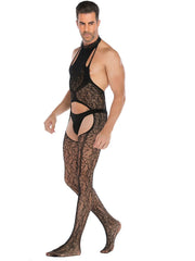 Men's Lace See-through Embroidered Net Stockings with Halter Edge Muscle Sleepwear Back Exposure Full Body Suit