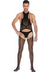 Men's Lace See-through Embroidered Net Stockings with Halter Edge Muscle Sleepwear Back Exposure Full Body Suit