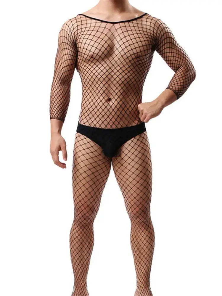 Men's One-Piece Fishing Net See-Through Temptation Long Sleeve Close-Fitting Sleepwear Underwear Suit