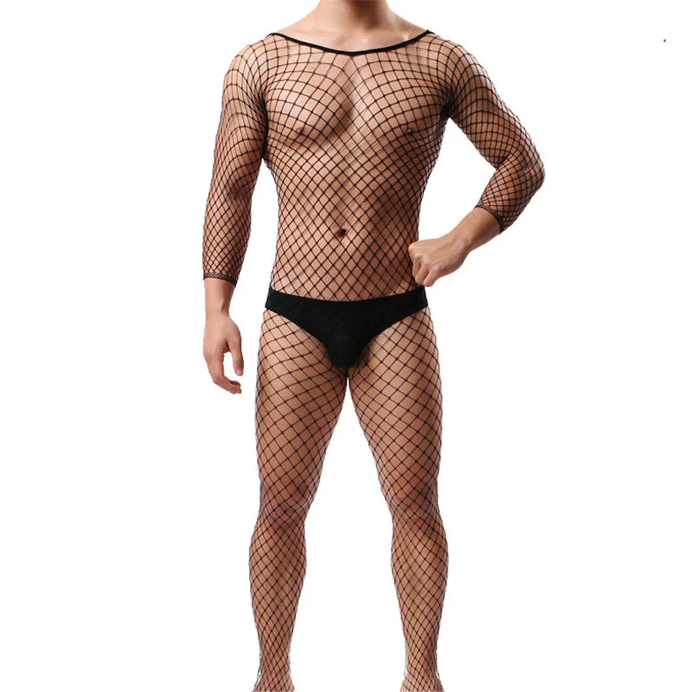 Men's One-Piece Fishing Net See-Through Temptation Long Sleeve Close-Fitting Sleepwear Underwear Suit