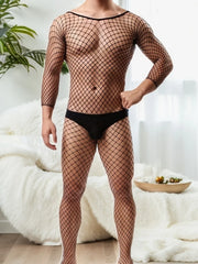 Men's One-Piece Fishing Net See-Through Temptation Long Sleeve Close-Fitting Sleepwear Underwear Suit