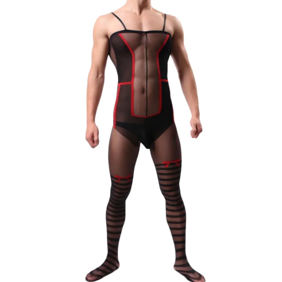 Men's Black Red See-through Onesie with Butterfly Knot Striped Crotch Open Design Tempting Sleepwear
