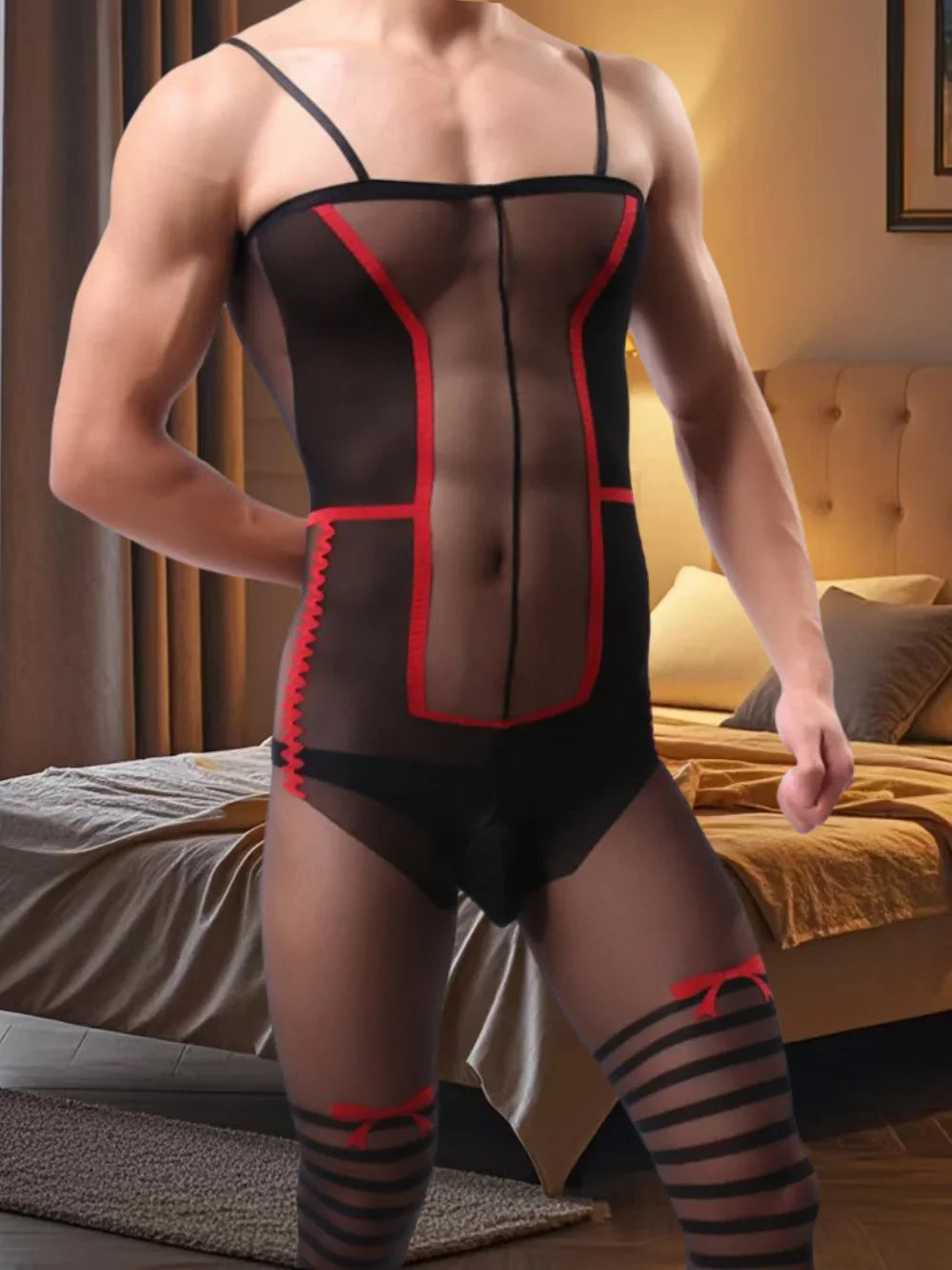 Men's Black Red See-through Onesie with Butterfly Knot Striped Crotch Open Design Tempting Sleepwear