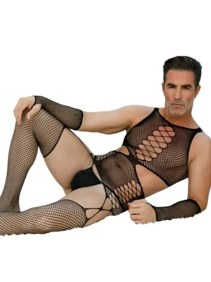 Men's One-Piece Sleepwear with Lace Gloves And See-through Design Sensual Floral Patterned Nightgown