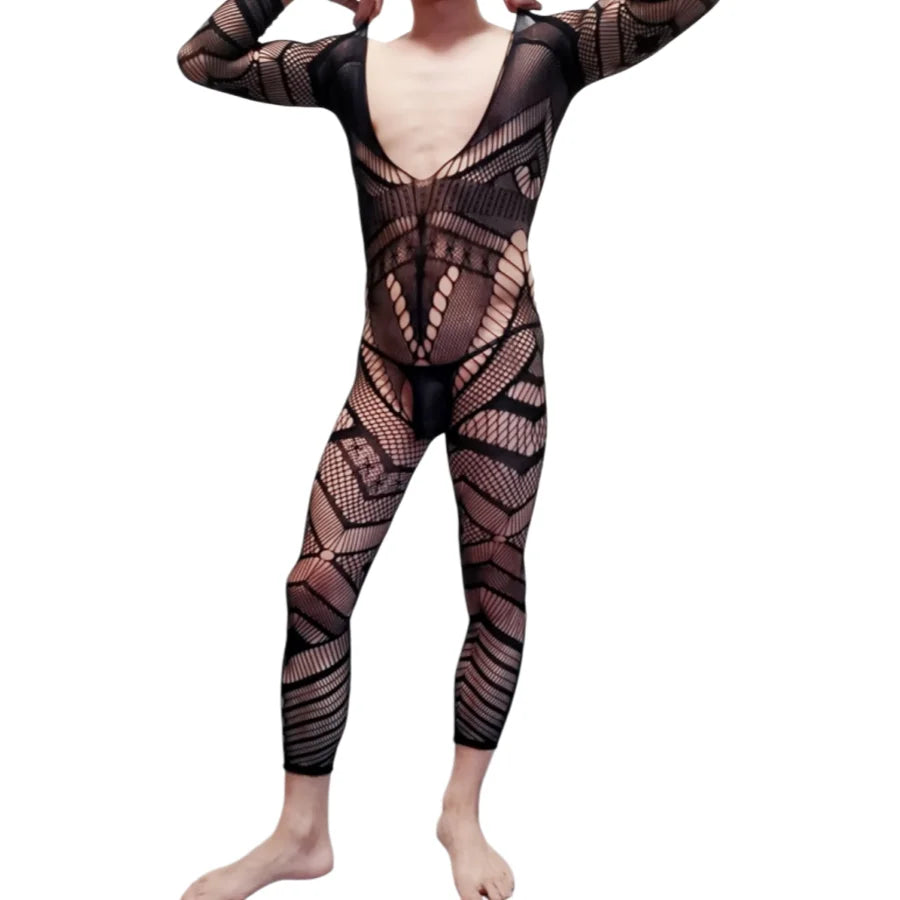 Men's One-Piece Suit with Hollow Fishing Net Long Sleeve Slim Fit Underwear Open Crotch See-through Nightgown