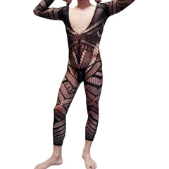 Men's One-Piece Suit with Hollow Fishing Net Long Sleeve Slim Fit Underwear Open Crotch See-through Nightgown