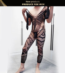 Men's One-Piece Suit with Hollow Fishing Net Long Sleeve Slim Fit Underwear Open Crotch See-through Nightgown