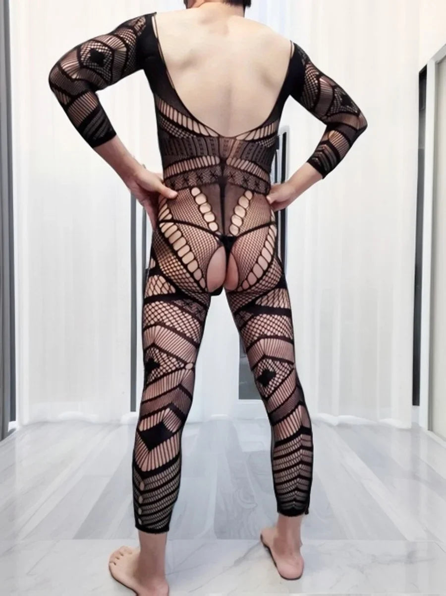 Men's One-Piece Suit with Hollow Fishing Net Long Sleeve Slim Fit Underwear Open Crotch See-through Nightgown