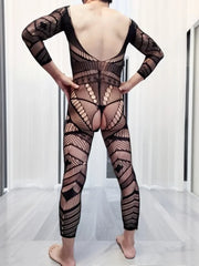 Men's One-Piece Suit with Hollow Fishing Net Long Sleeve Slim Fit Underwear Open Crotch See-through Nightgown