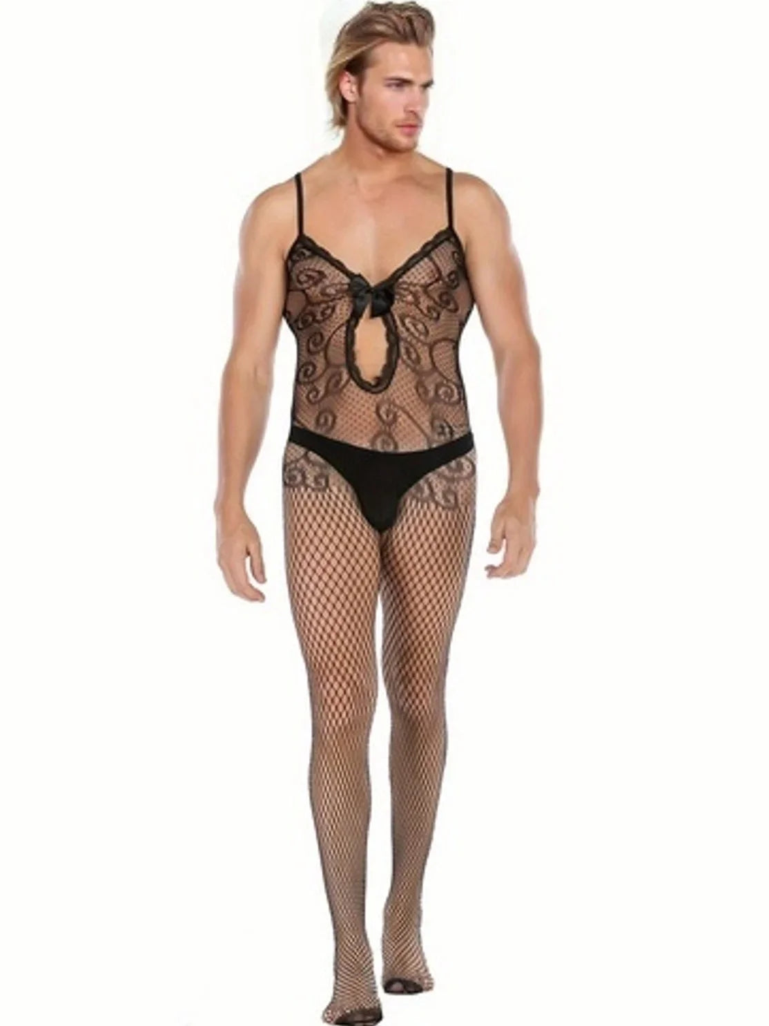 Men's One-Piece Suit with Lace Trim Garter Open-Crotch Costume Invitation Net Stockings Sleepwear