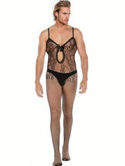 Men's One-Piece Suit with Lace Trim Garter Open-Crotch Costume Invitation Net Stockings Sleepwear