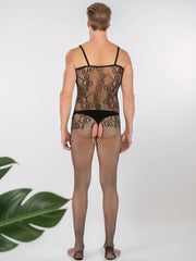 Men's One-Piece Suit with Lace Trim Garter Open-Crotch Costume Invitation Net Stockings Sleepwear