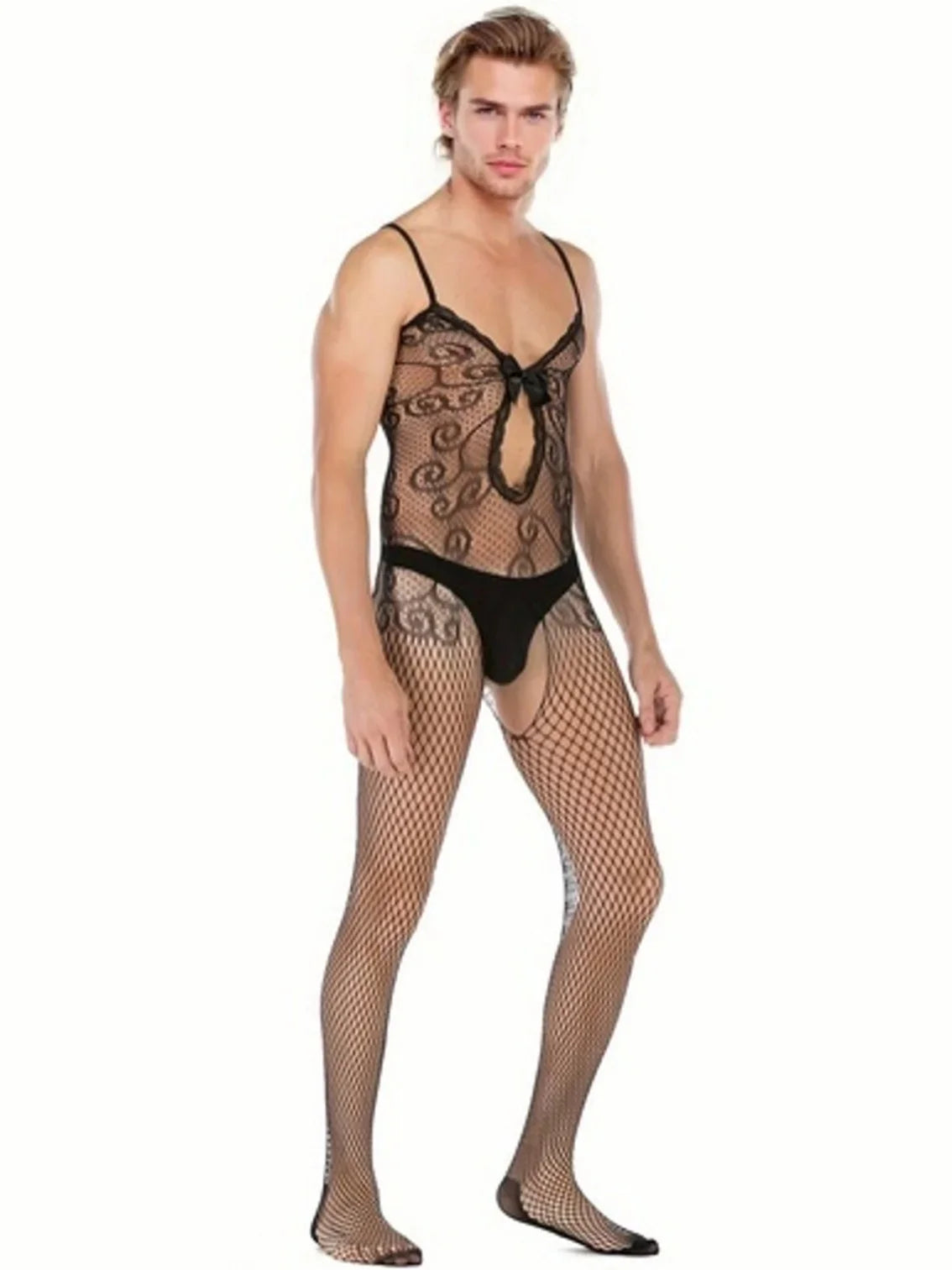 Men's One-Piece Suit with Lace Trim Garter Open-Crotch Costume Invitation Net Stockings Sleepwear