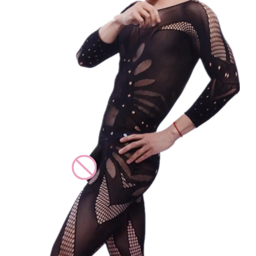 Men's Onesie Short Sleeve Hollow out Floral Personalized Open Crotch No Need to Remove Thickened Net Suit Uni