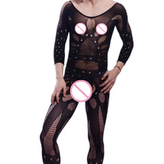 Men's Onesie Short Sleeve Hollow out Floral Personalized Open Crotch No Need to Remove Thickened Net Suit Uni