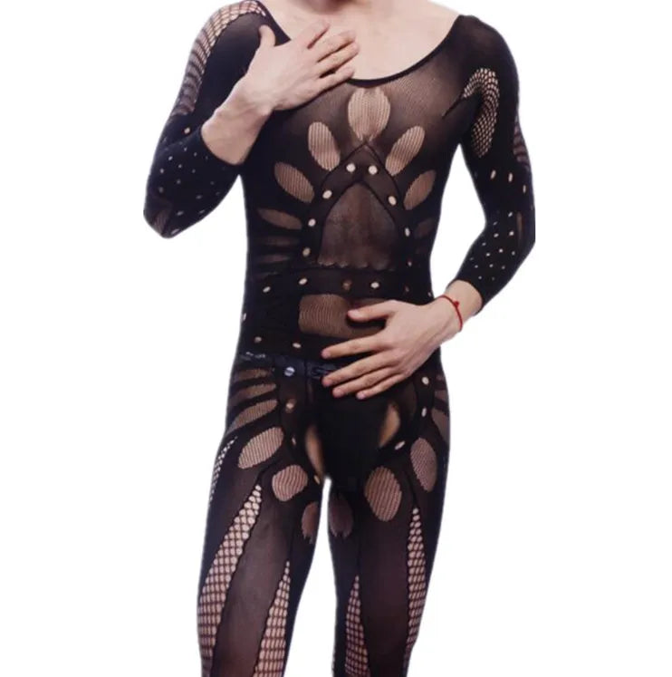 Men's Onesie Short Sleeve Hollow out Floral Personalized Open Crotch No Need to Remove Thickened Net Suit Uni
