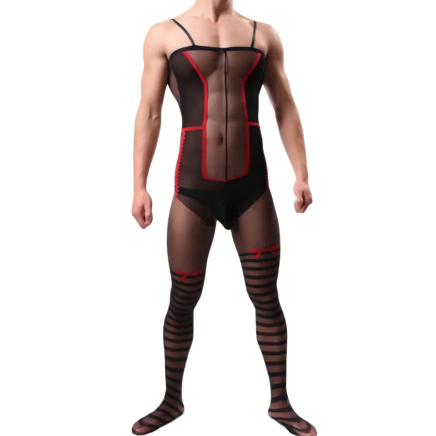 Men's See-through Striped Temptation Open-crotch Onesie Sleepwear Com
