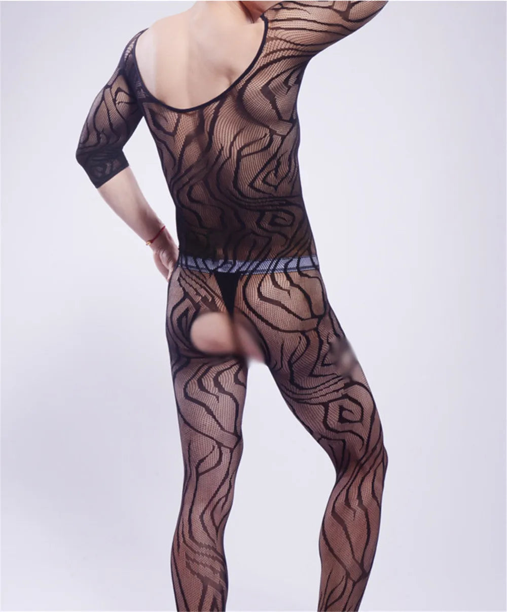 Men's Zebra Knitted See-through Onesie Open-crotch without Underwear Not Included Erotic Costume