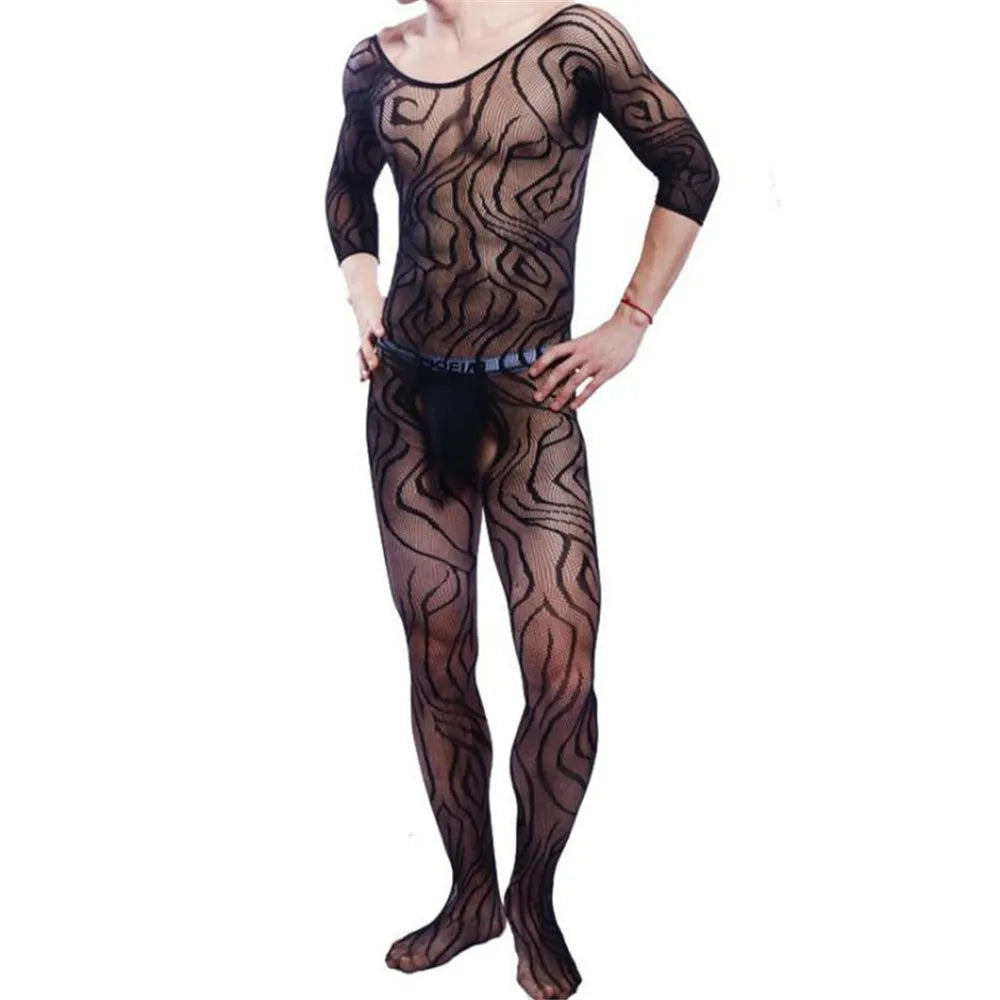 Men's Zebra Knitted See-through Onesie Open-crotch without Underwear Not Included Erotic Costume