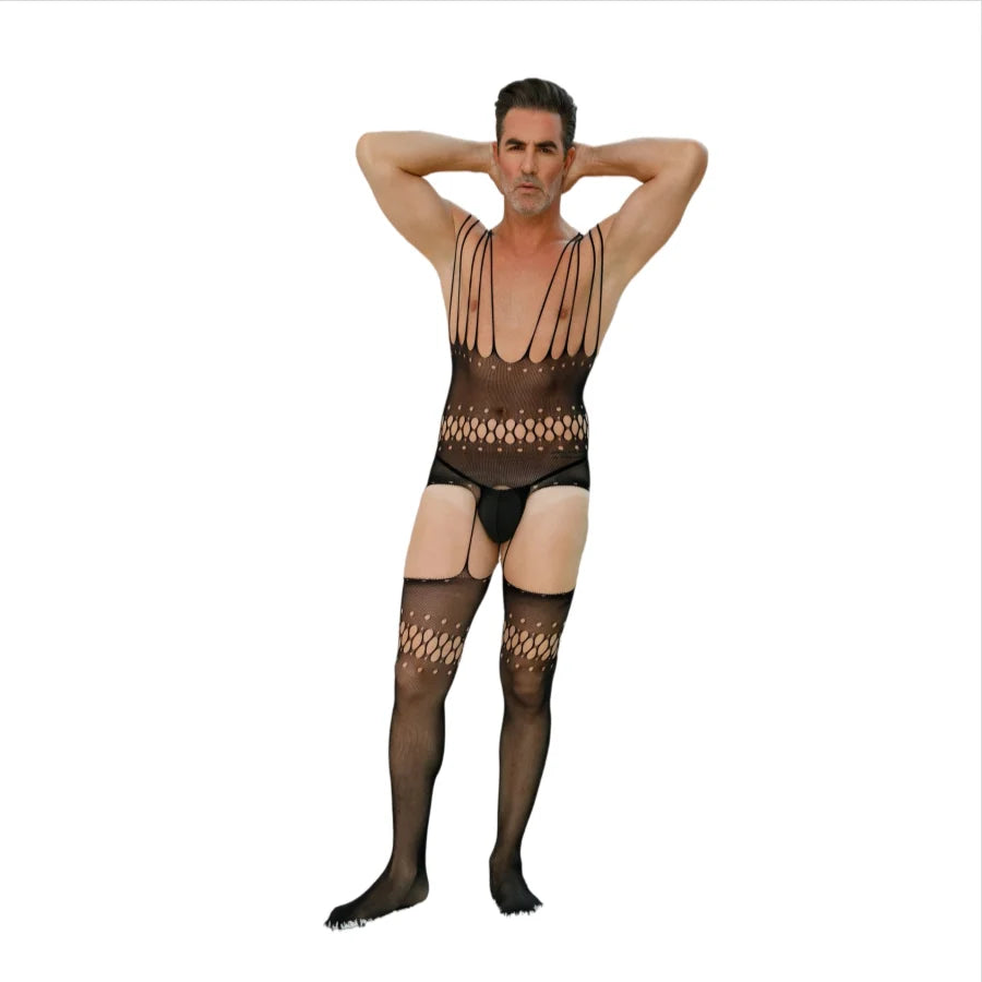Men's Trendy Knitted Hollow Onesie Seductive Elastic Hole Party Sleepwear Com