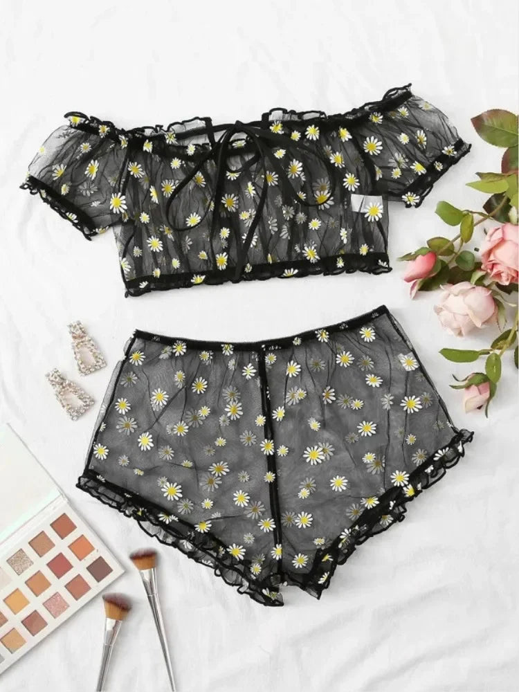 Mesh Floral Printed Off Shoulder 2Pcs Lingerie Set