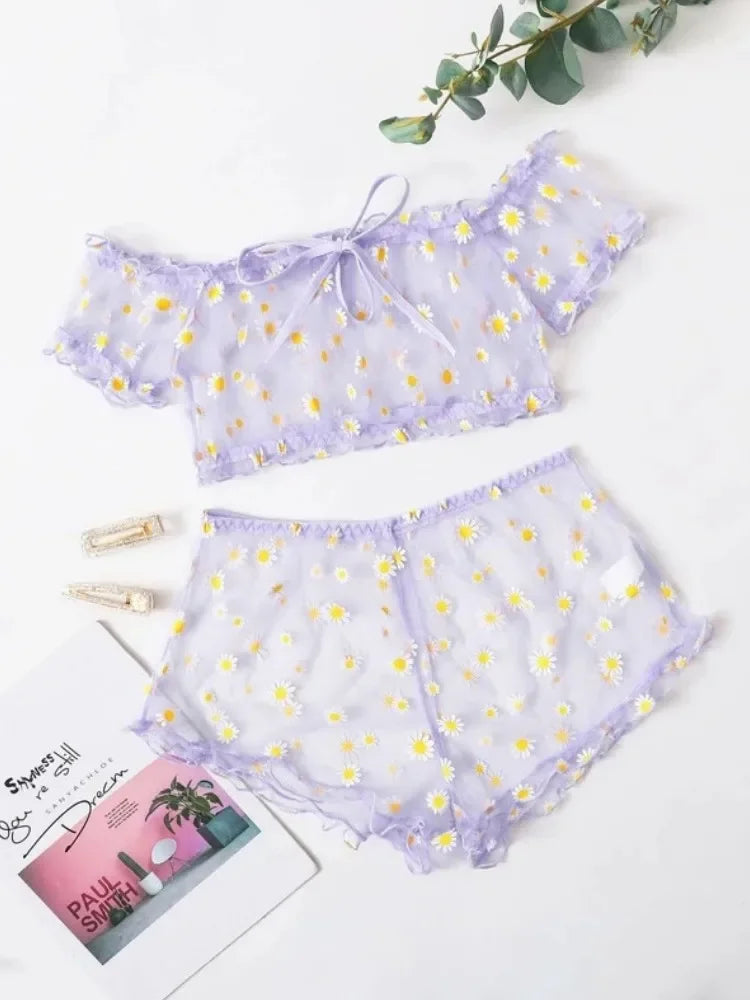Mesh Floral Printed Off Shoulder 2Pcs Lingerie Set