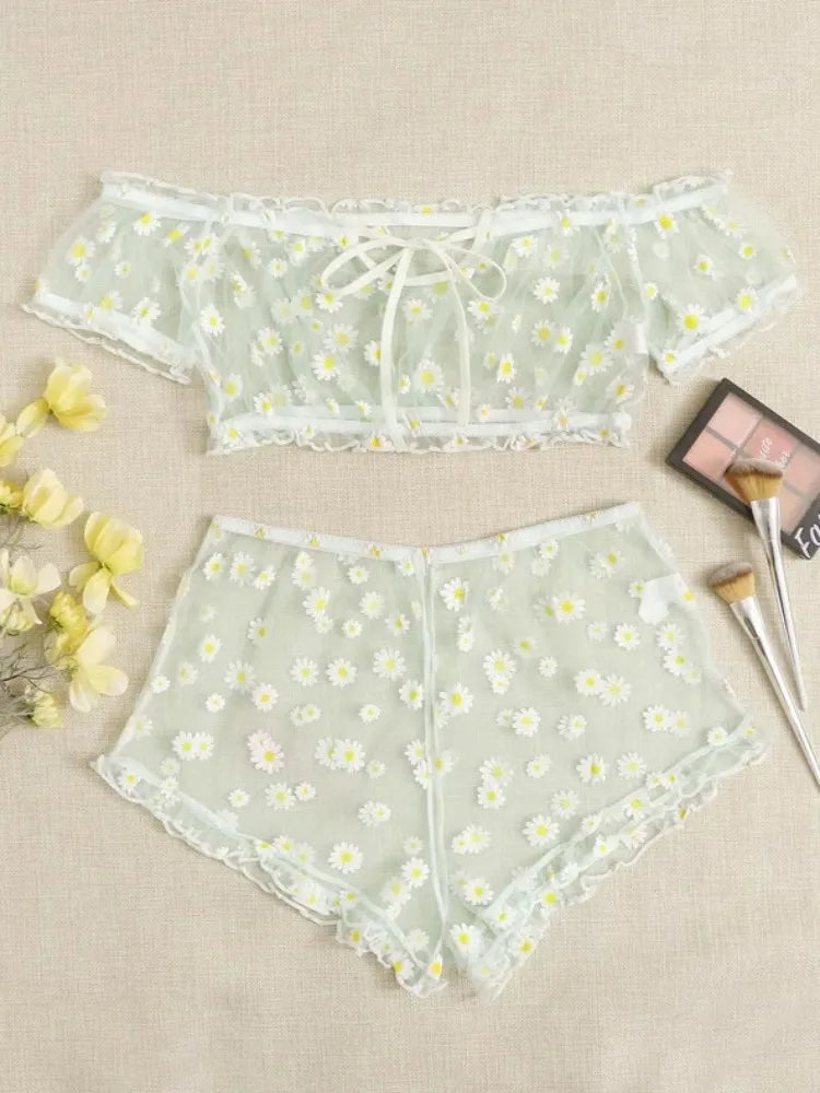 Mesh Floral Printed Off Shoulder 2Pcs Lingerie Set