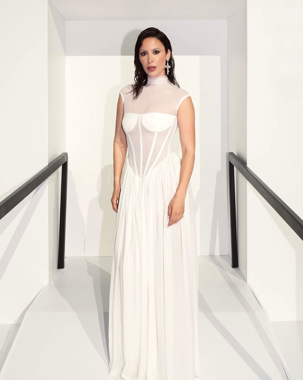 Structured Mesh A Line Maxi Dress White