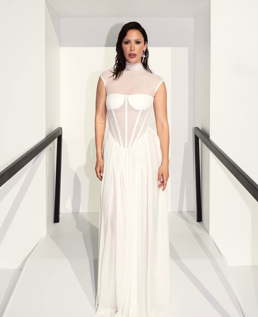 Structured Mesh A Line Maxi Dress White