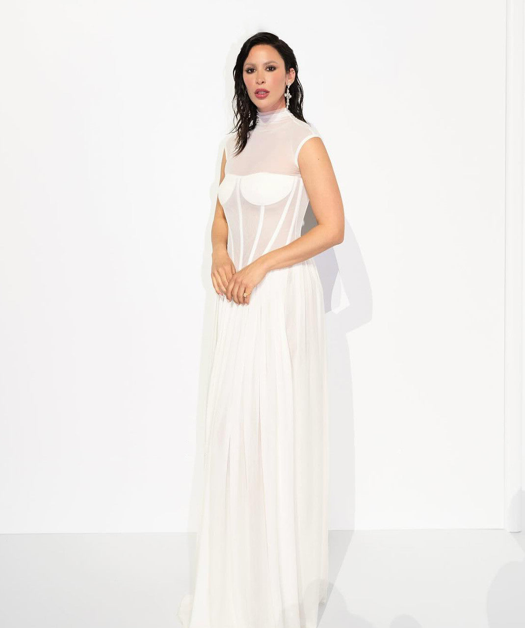 Structured Mesh A Line Maxi Dress White