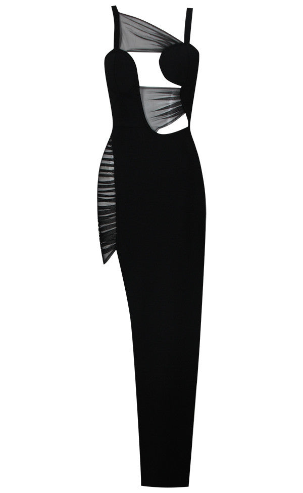 Draped Mesh Bustier Maxi Dress Black